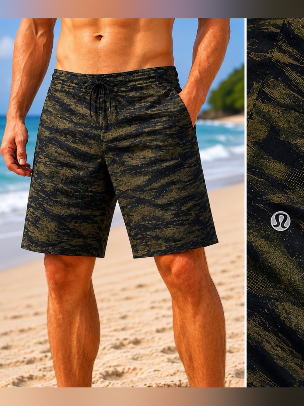 Lululemon Mens Boardshorts 32 Black Green Camo Swim Athletic Stretch Beach Gym